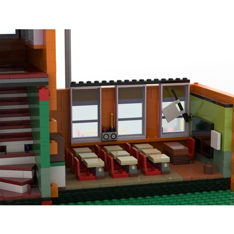 Escena de dibujos animados clásica, ladrillos diorama, bloques escolares, casa, ciudad, haus moc, para fanáticos, regalo de construcción, película para niños, producto de juguete, conjunto de decoración