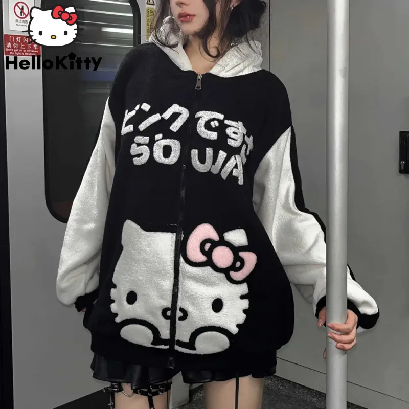 

Sanrio Hello Kitty Plush Hoodies Women Fashion Zippers Cardigan American Trend Couples Sweatshirt Y2k Sweet Cute Girls Clothing