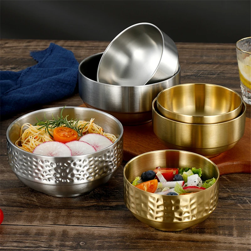 

Stainless Steel Anti-Scalding Child Small Bowl Hammer Pattern Double Layer Rice Soup Bowls Home Tableware Fruit Food Container