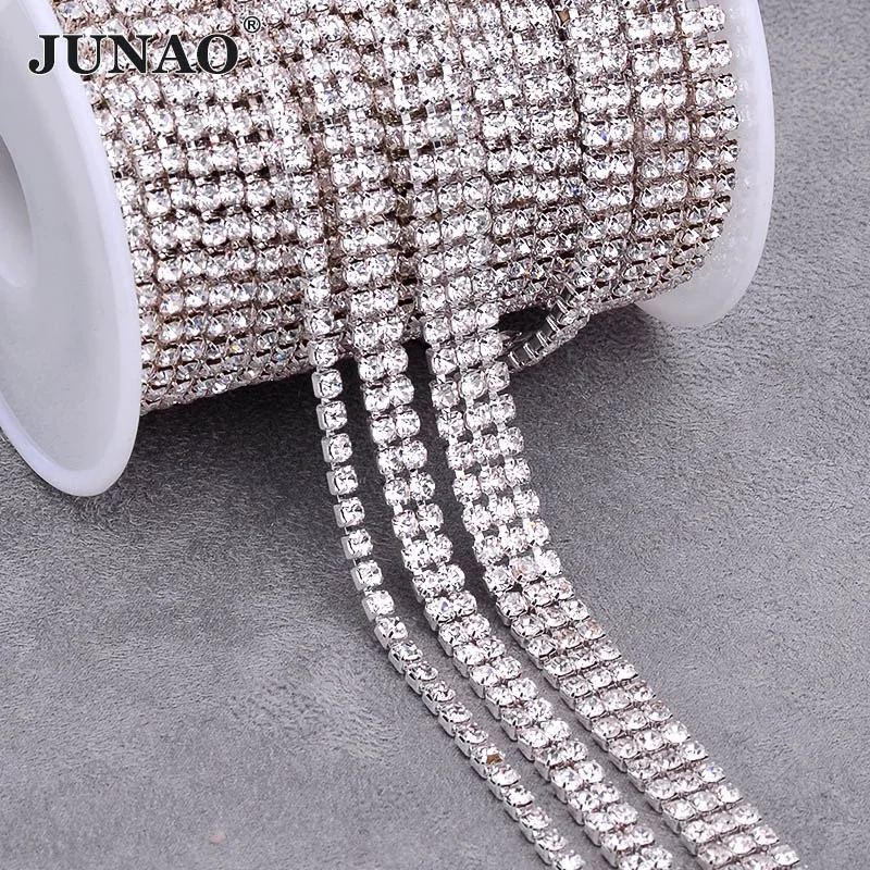 JUNAO 1 2 3 Rows 1Yard SS12 Clear Crystal Chain Rhinestones Trim Glass Stones Banding Jewelry Applique for Clothes Decor Crafts