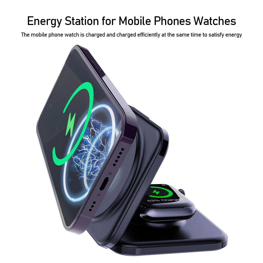 Magnetic Wireless Charger 3 in 1 Magsafe Fast Charging Station Foldable Phone Holder Stand for iPhone 16 15 Apple Watch Airpods