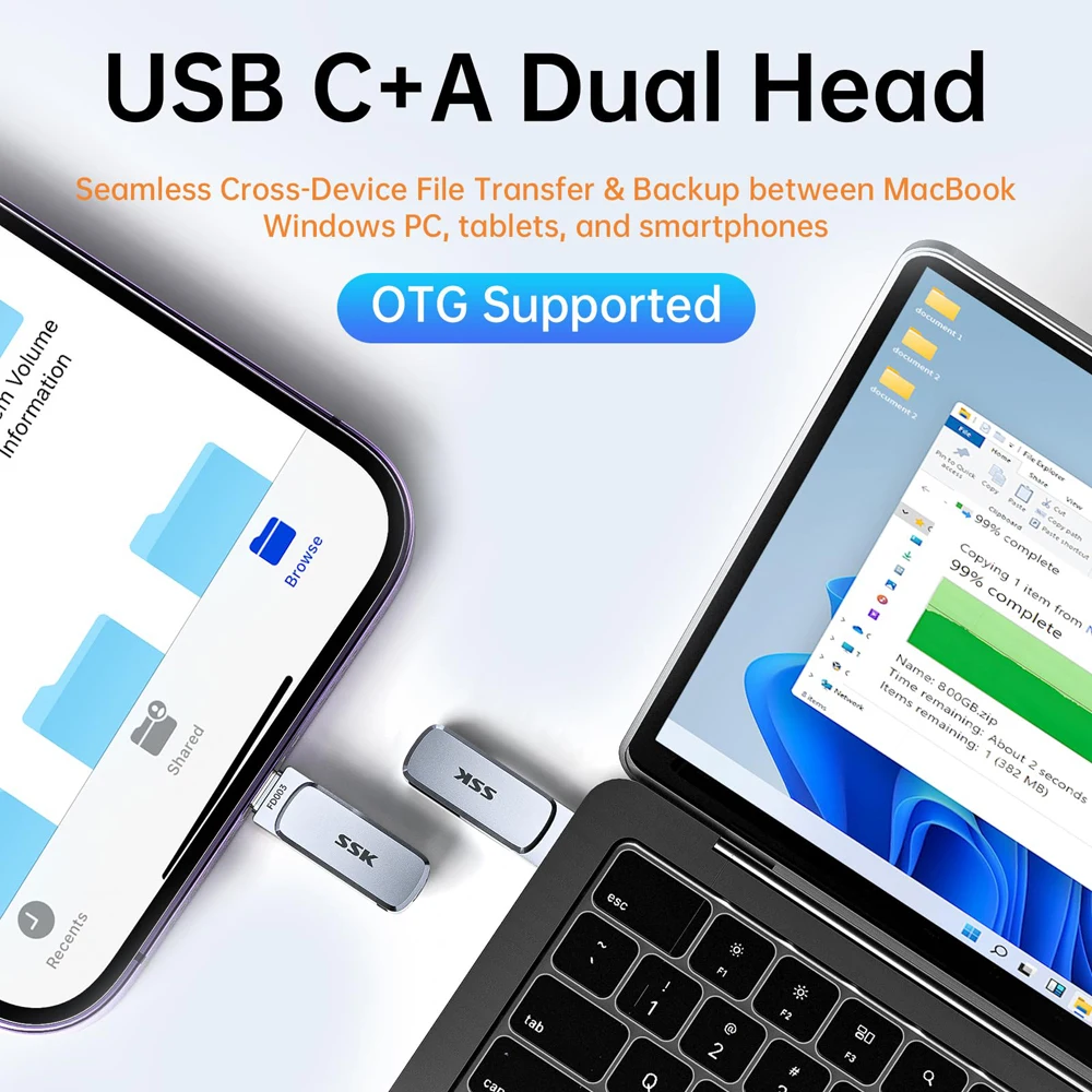 SSK 듀얼 USB 플래시 드라이브 64GB 128GB 256GB 썸 드라이브(타입-C 및 USB A 포함) 스마트폰 태블릿 Mac 노트북용 USB 메모리 스틱