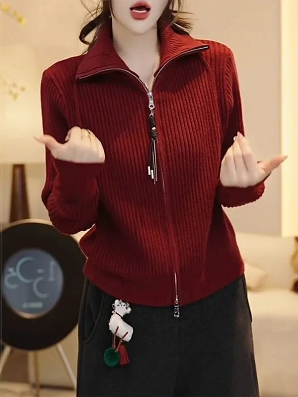 

Элитный женский вязаный кардиган больших размеров с двойной молнией, в корейском стиле, универсальный дизайн, весенний сезон, длинный рукав, открытый фасон