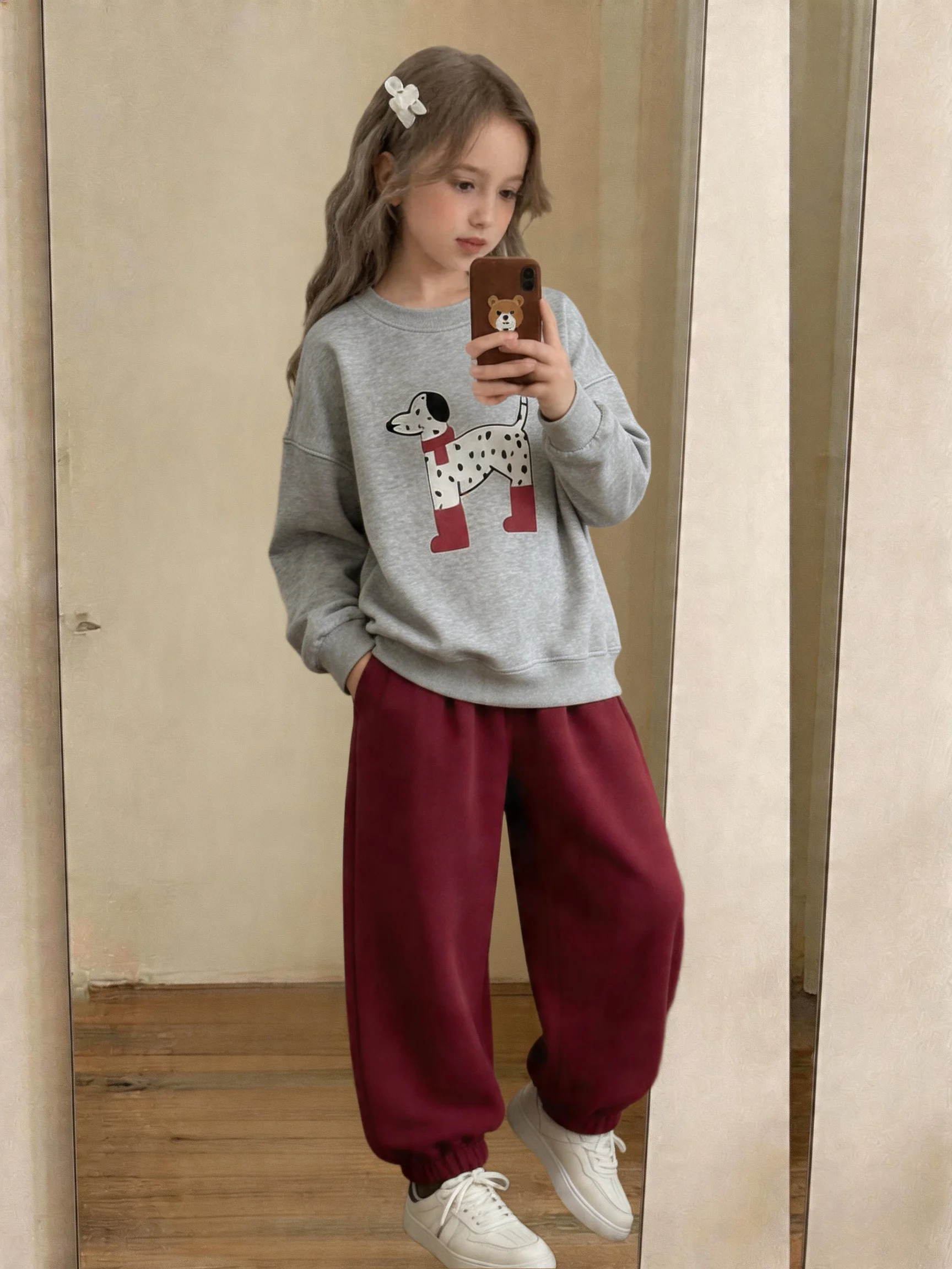 

4th of July Girls Outfit,2pc Cute Dalmatian Sweat Set,Gray Top&Burgundy Joggers,Kids Clothes Girls,Teen Girl Clothes,Girls Summer Outfit Sets,Pants