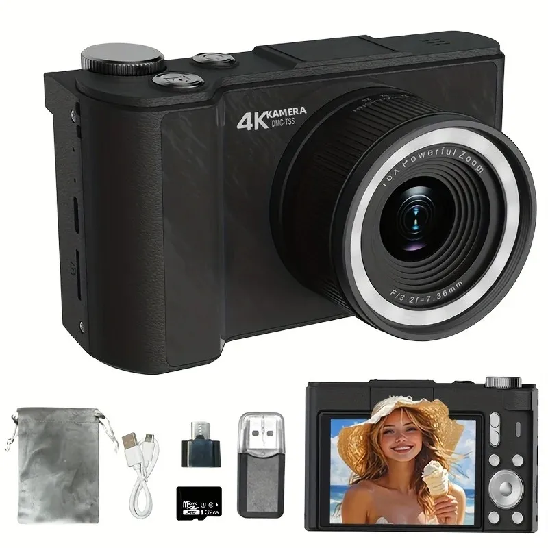 Digitalkamera für Fotografie, 4K-Kamera mit Ringlicht, 180° °   Flip-Screen-Kamera für Vlogging mit Beauty-Modus, Point-and-Shoot-Digitalkameras für Anfänger mit SD-Karte, Weihnachtsgeschenk