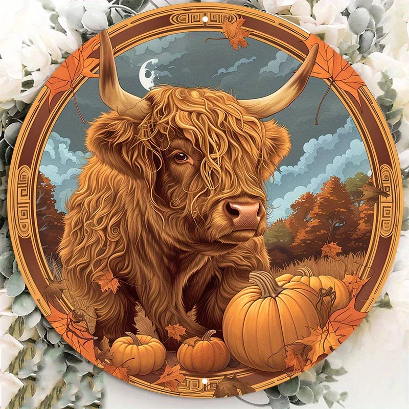

Charming Highland Cow and Pumpkins Aluminum Sign, Rust-Proof, UV Protected, Outdoor and Indoor Wall Decor with Pre-Drilled Holes