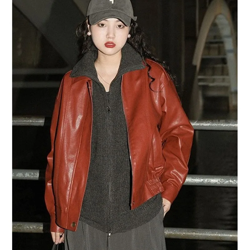 Autumn Women High End Solid CColor Loose Coat Winter Ladies Faux Leather Outwear Korean Femme Long Sleeves PU Leather Top Jacket