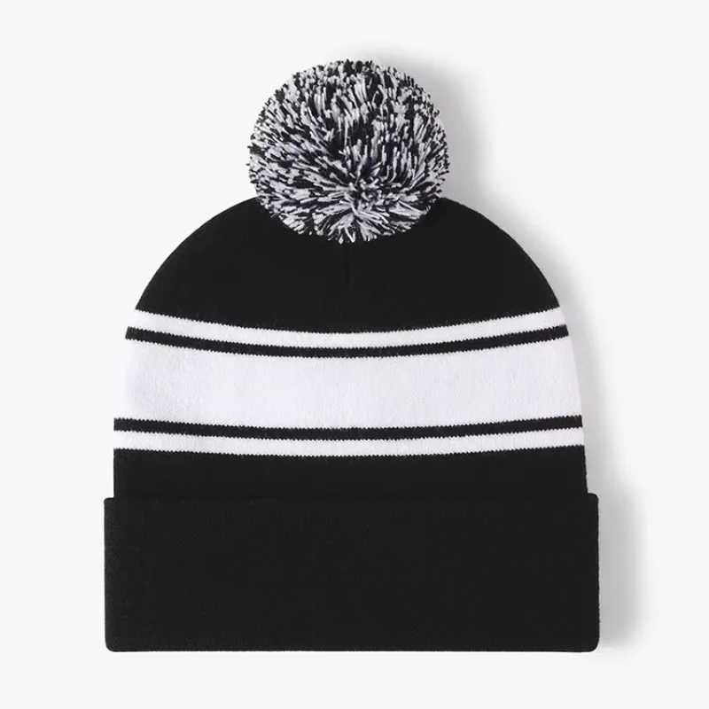 Ski Beanie Knitted Hat for Men and Women, Elastic Jacquard Spliced Striped Wool Cap for Outdoor Warmth in Autumn and Winter