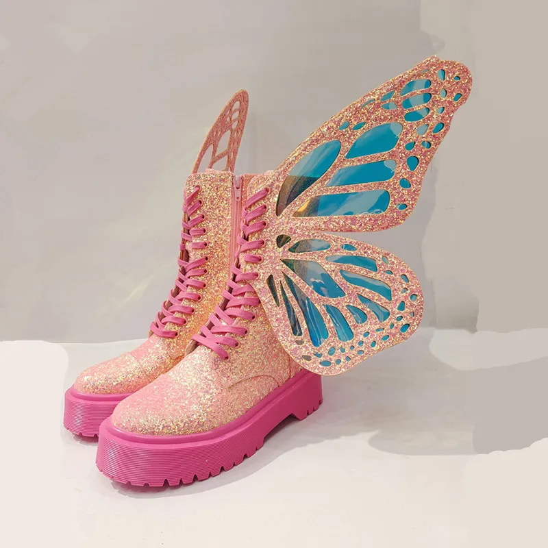 2023New Women Sequined Short Boots Platform Pink Thick Rubber Sole Ankle Botas Butterfly Wings Prom Riding Botines Femininos