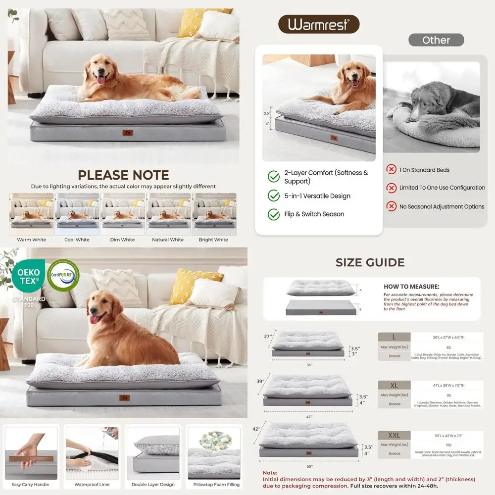 

Большая водонепроницаемая лежанка для собак размера XL с плюшевой подушкой и ортопедическим наполнителем, съемный чехол для пожилых собак, светло-серый