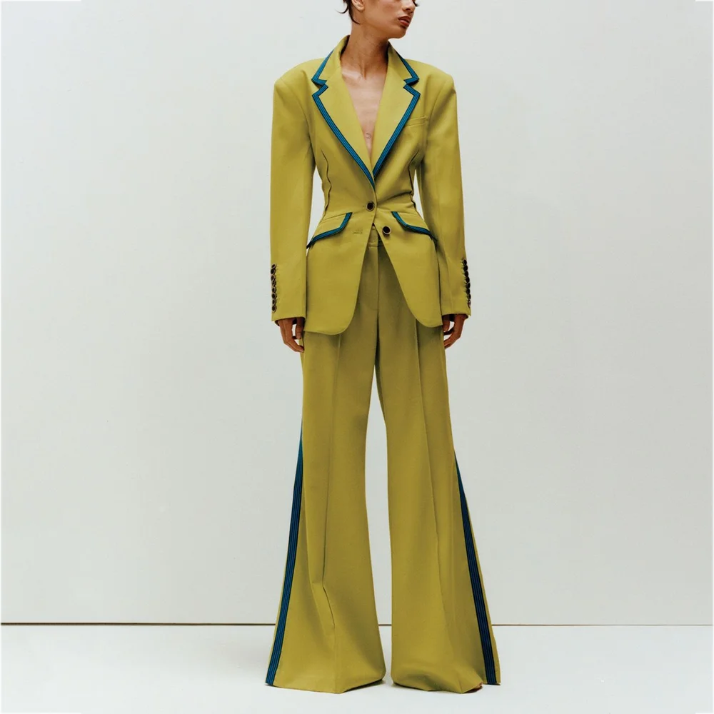 Runway Style Women Contrast Color Piping Suit 2 Pieces Notched Lapel Side Strip Flared Trousers Evening Party Chic Casual Outfit
