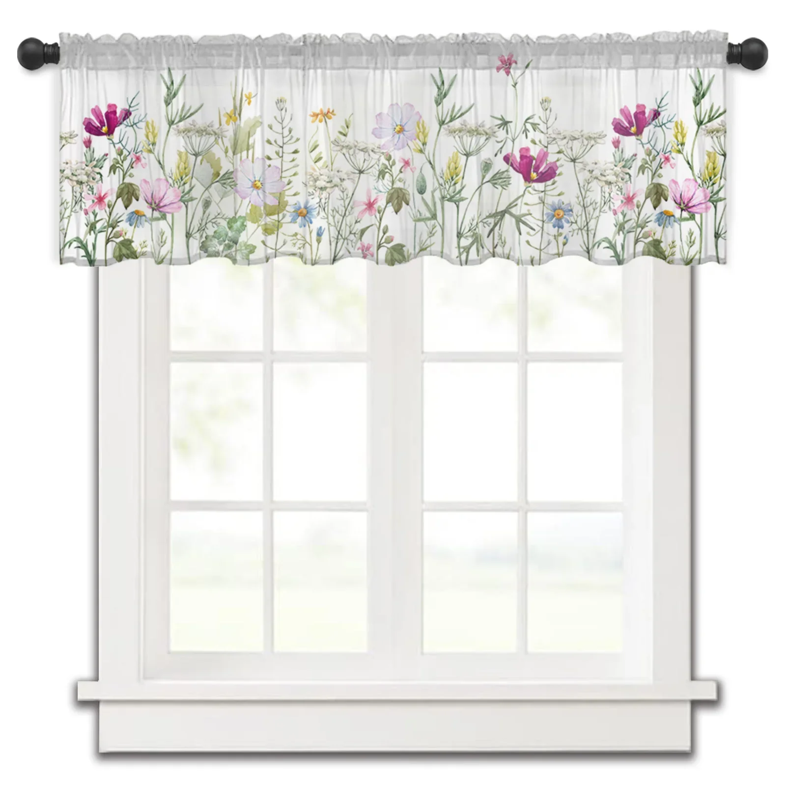 Spring Flowers Colored Fields Kitchen Small Window Curtain Tulle Sheer Short Curtain Bedroom Living Room Home Decor Voile Drapes