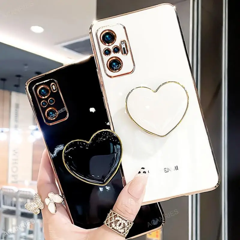 Phone Case On For Xiaomi Redmi Note 10 Pro Max Note10 S 10s 10pro 5g Plating Love Heart Fold Holder Luxury Glossy Silicone Cover