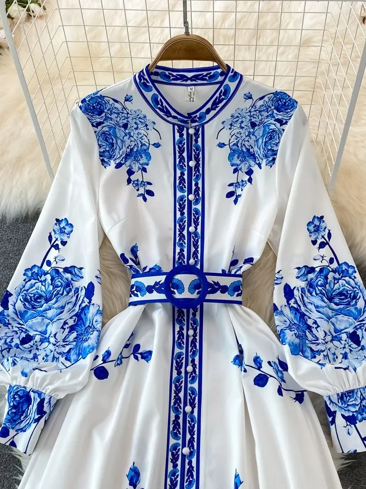 

New And White Porcelain Flower Print Dress Women Clothing Long Lantern Sleeve Single Breasted Belt Vintage Vestidos