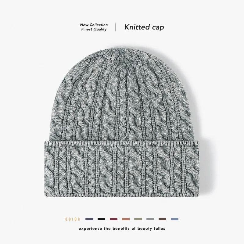 Autumn and winter knitted large head circumference warm ear-protecting cable knit beanie, unisex versatile woolen hat