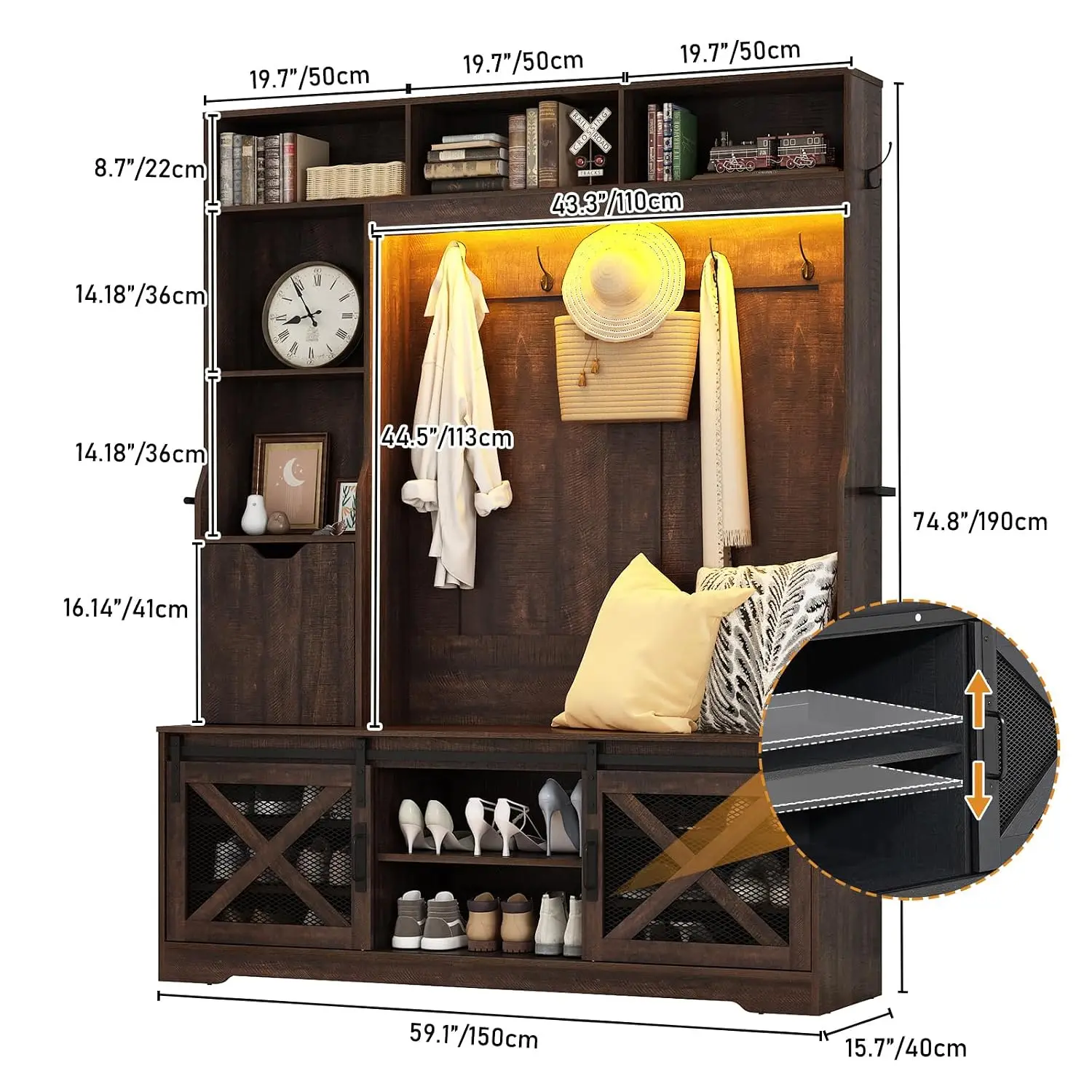 Large Farmhouse Hall Tree With Bench & Shoe Storage,Coat Rack,16 Cubbies & Umbrella Holder & Sock Drawer,Customized