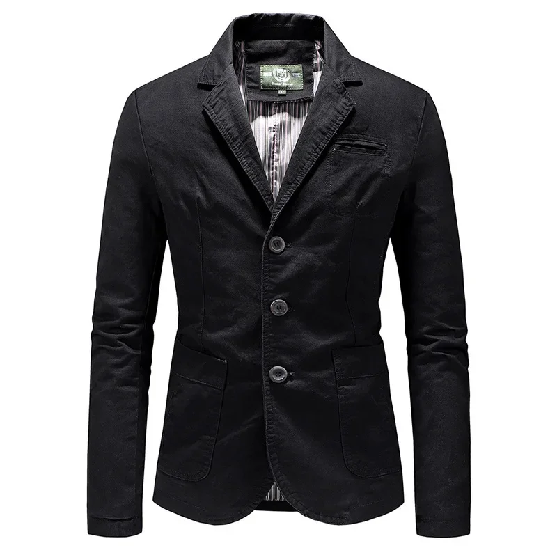 Cotton  Blazer Gentleman Three-button Outdoor Cotton Work Solid  Business Lapel Loose Casual Slim-fit Wedding Host Jacket Mens