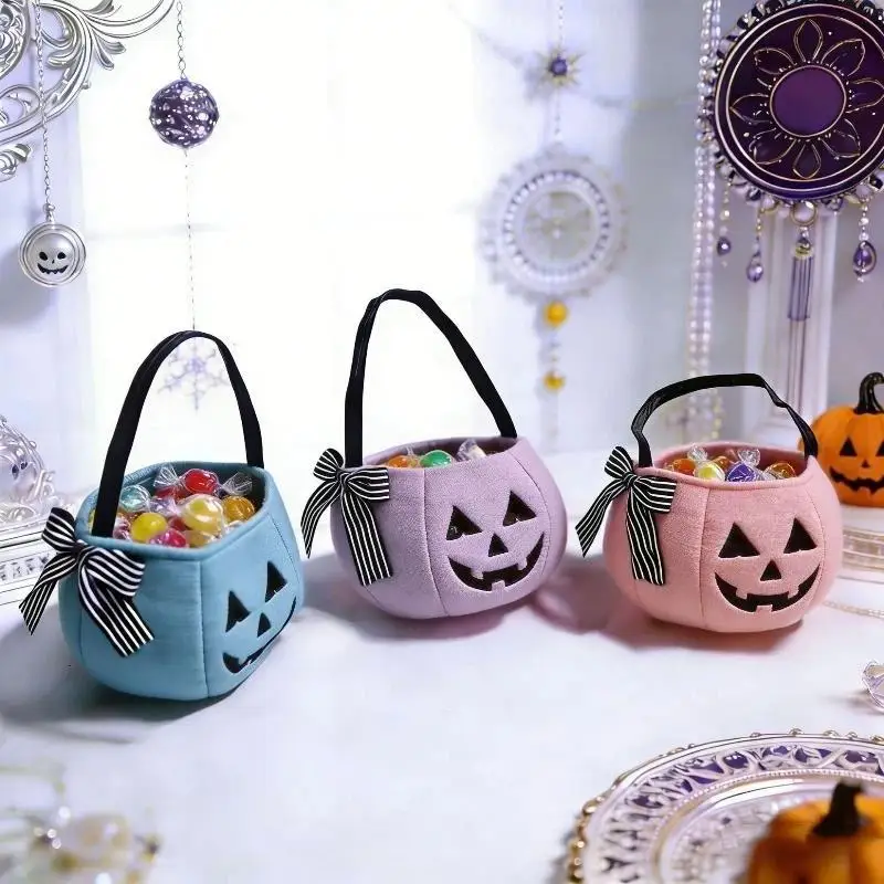 Halloween Pumpkin Candy Bucket Bowknot Embroidery Handbag Kids Trick Or Treat Pouch For Holiday Party Cosplay Decor Props