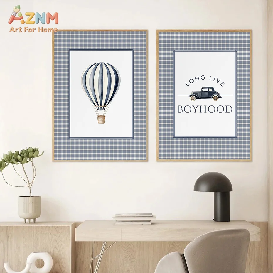 AZNM Watercolor Transport Canvas Wall Art Airplane Hot Air Balloon Train Kids Nursery Art Print Frameless Canvas Painting Home D