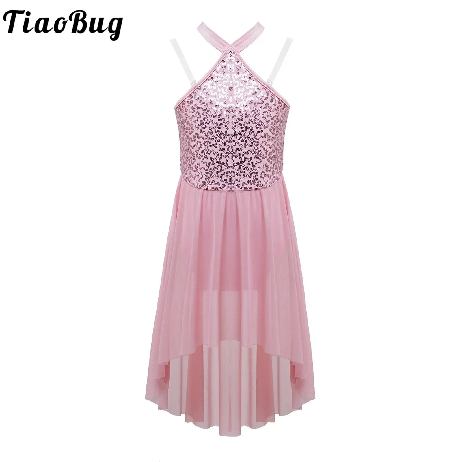 Girls Dance Dress Kids Sleeveless Sequins Ballet Lyrical Dress Halter Neck Hollow Back Irregular Hem Skating Ballet Dance Wear