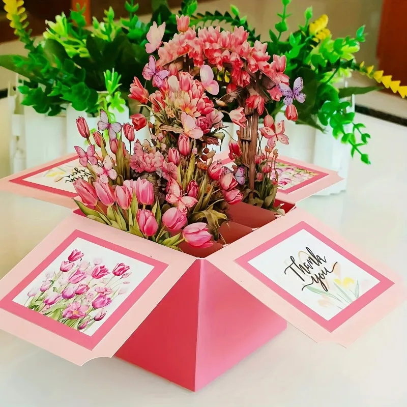 1pcs Tulip and Butterfly 3D Pop up Greeting Card for Birthday Mother's Day Father's Day Thanksgiving Card Suitable for Everyone