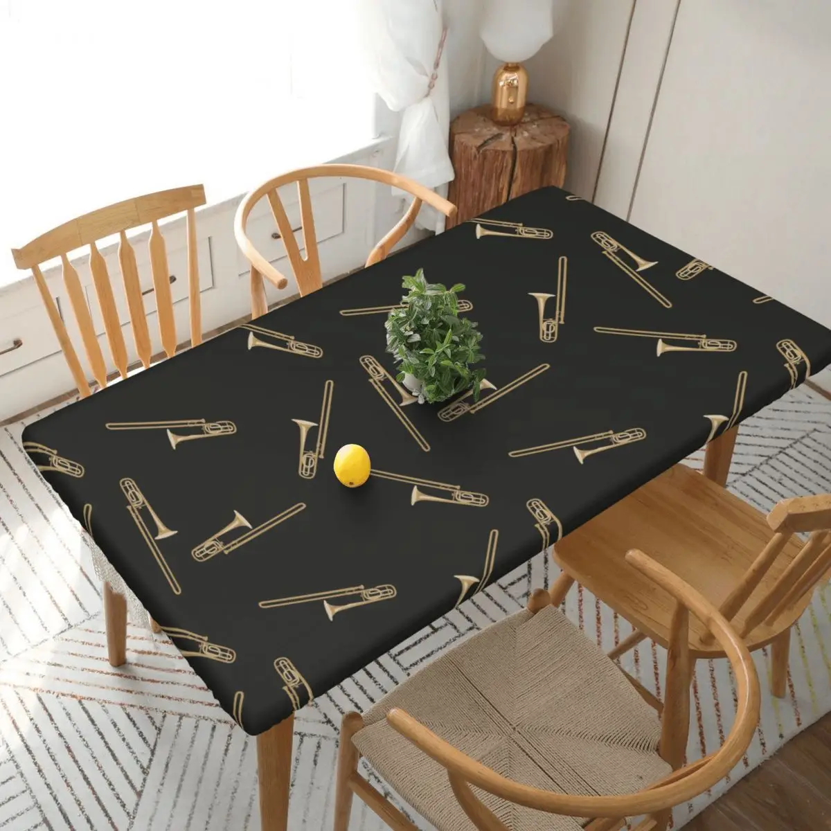 Trombone On Black Customized Rectangular Tablecloth Oilproof Table Cover for Dining Events Table Cloth