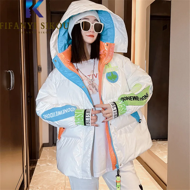 2022 Winter Jacket Women Letter Embroidery Fashion Spliced Glossy Hooded Down Jackets Short Parkas Thick Warm Cotton Coat Female