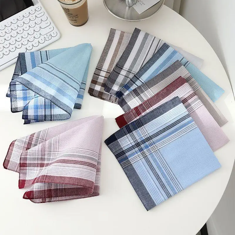 3/12pcs Classic Plaid Cotton Handkerchief,Retro Old Fashion Soft Sweat Absorbent Pure Cotton Hanky for Elderly Men
