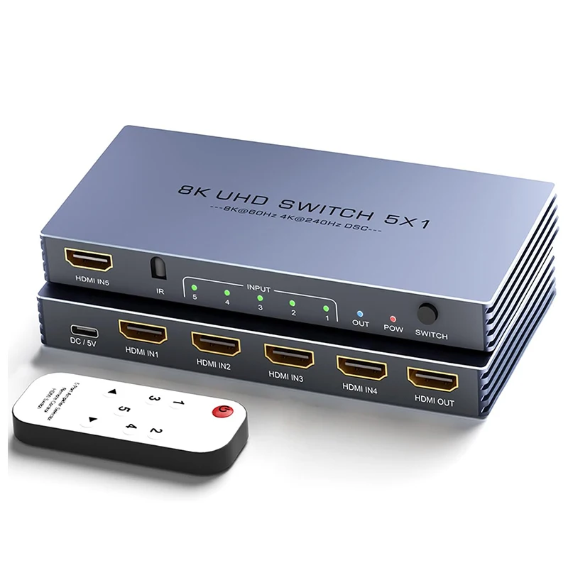 ترقية جديدة 8K @ 60 هرتز 4K @ 240 هرتز HDMI Switch 5 في 1 خارج الألومنيوم HDMI 2.1 محول محدد مع HDR10 + HDCP2.3 لتلفزيون PS5/4 Xbox PC #1