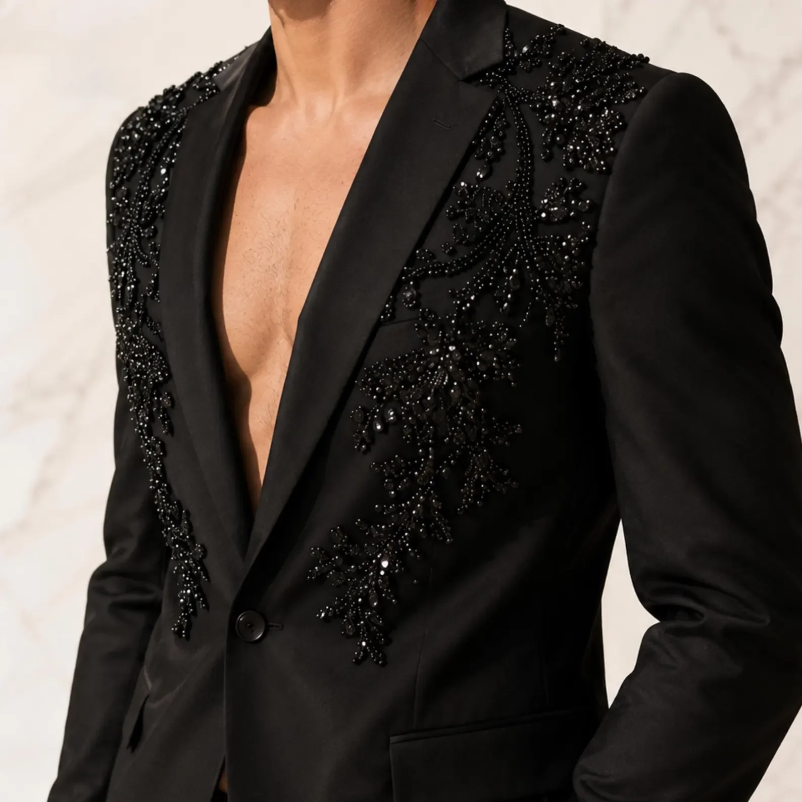 Customized Mens 2 Piece Set Suits Luxury High Quality Beaded Crystals One Button Slim Fit  Tuxedos Fo Business Wedding Groom
