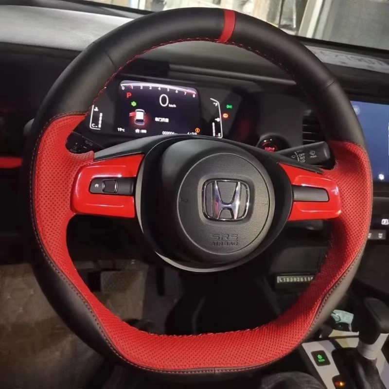 Untuk Honda Jazz FIT Generasi ke-4 2021-2024 LIFE Sarung Setir Mobil Kulit Asli Jahitan Tangan Anti Selip Hitam Merah