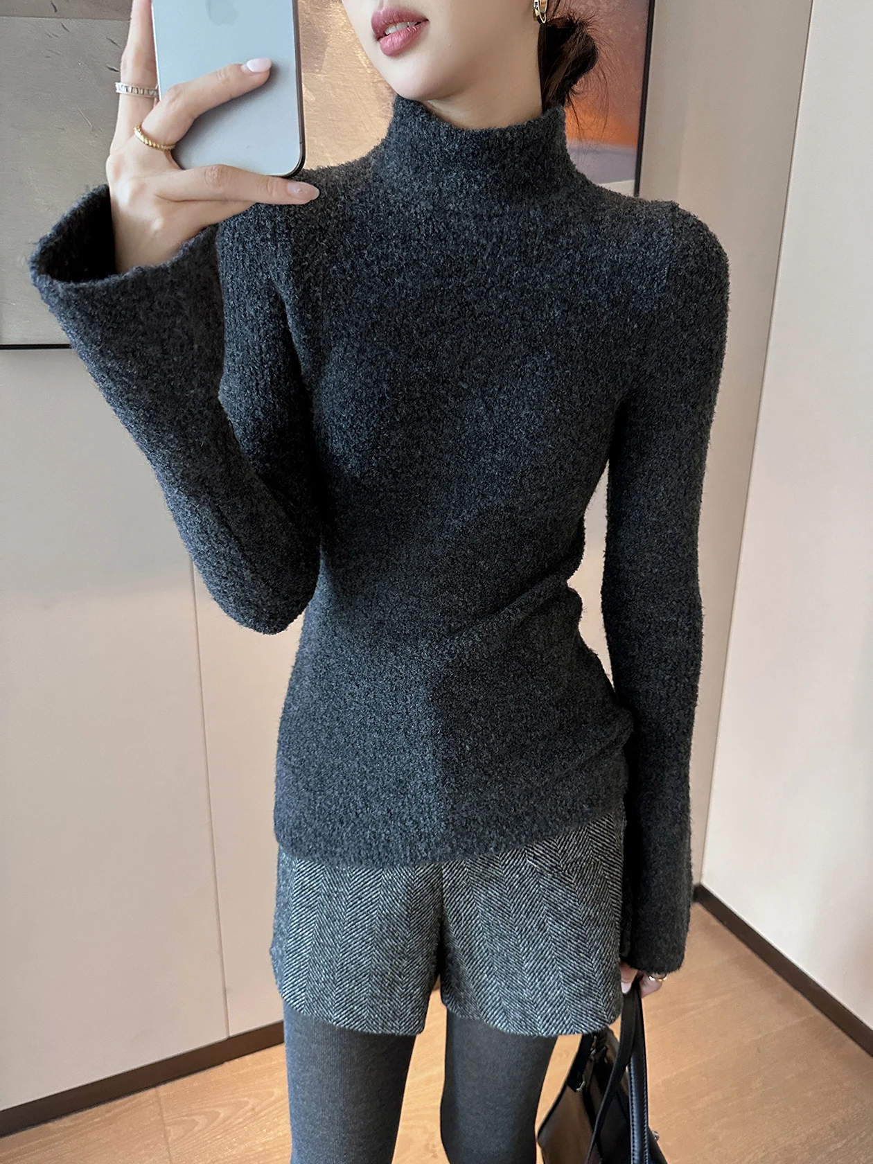 

Thiened Knitted Sweater Women's Deep ey f High Collar Winter New Sle Simple Personali Overhead Sweater Casual Fit