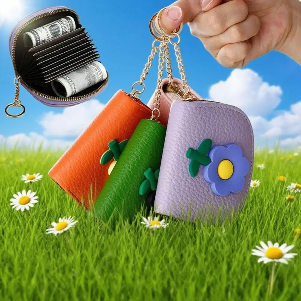 

11 Slots Mini Organ Card Holder Flower Design Portable Zipper Coin Pouch Compact Multipurpose Multi-slot Change Purse Girls