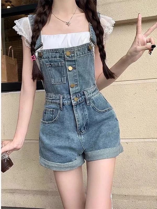 Slim Fit Straight Leg Denim Overalls Women's Fashion High Waist Short Pants Summer Casual Style Trendy Korean Design 2025 New...