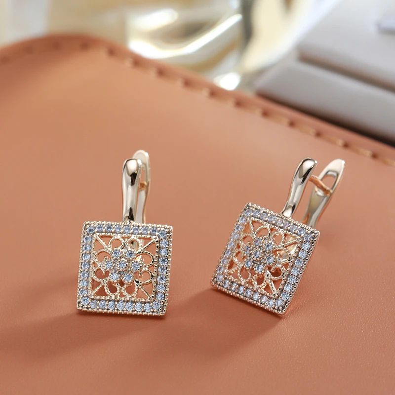 Wbmqda Elegant Square Full Zircon Drop Earrings For Women 585 Rose Gold Color Luxury Ethnic Wedding Jewelry Accessories