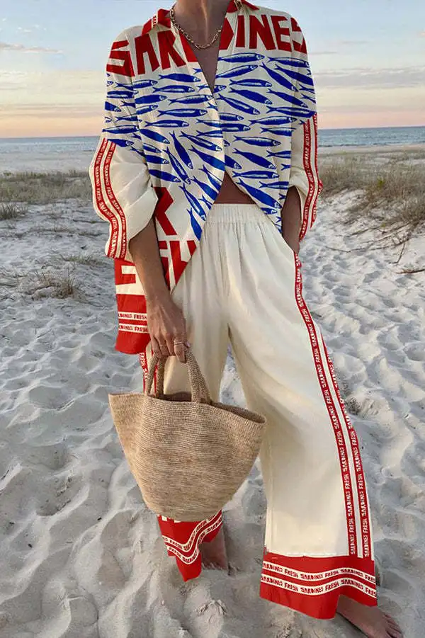 

2025 New Summer Vacation Style Cruise Print 2-Piece Set Lapel Shirt+Lace-up Wide-Leg Pants For Women Cruise Outfit Beach Holiday