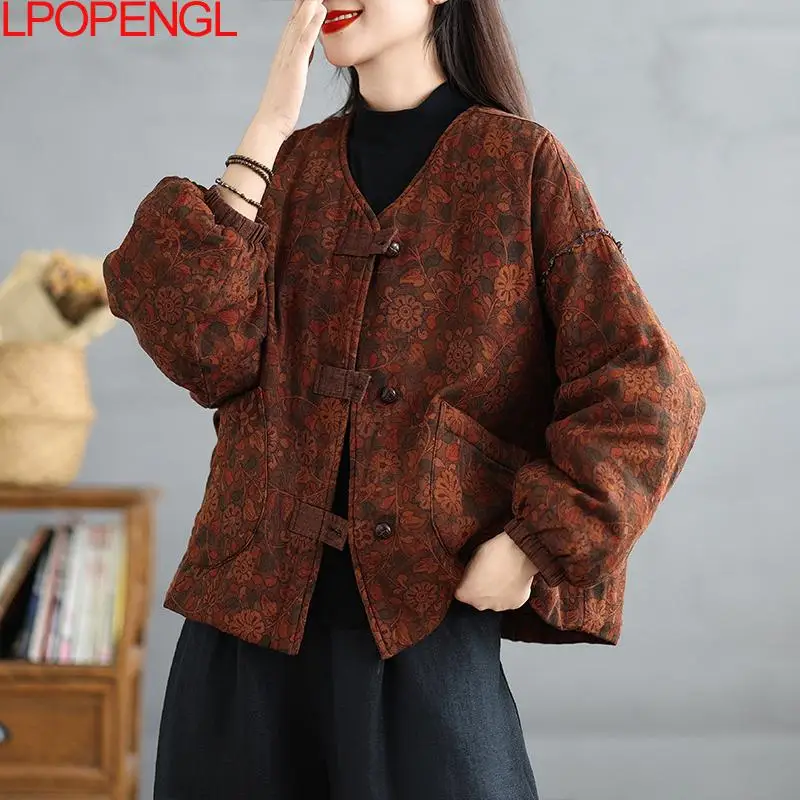 New Chinese Style Floral Contrasting Thickened Cotton Jacket Women's Winter New Retro V-neck Long Sleeves Single Breasted Coat