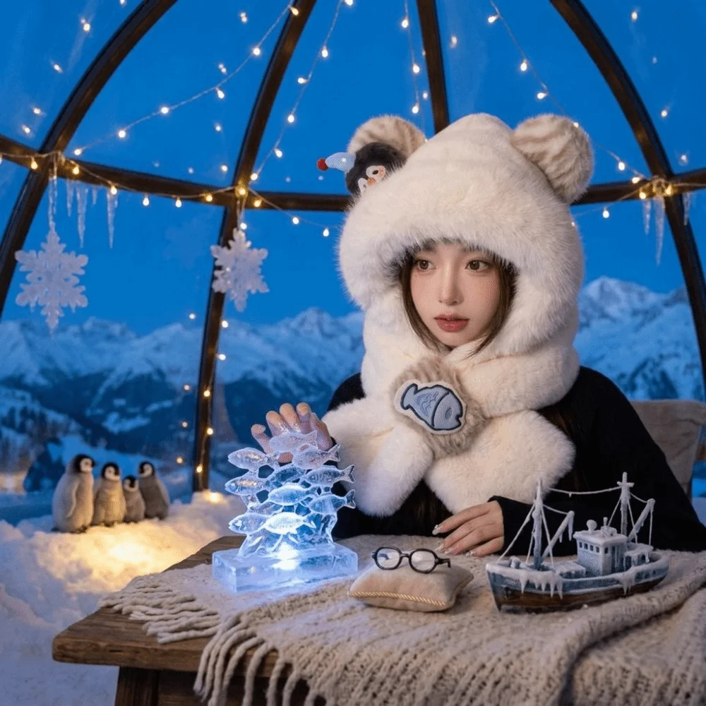 Windproof Penguin Hat 2-in-1 Design Thick Winter Balaclava 56-58CM Polyester Material Ear Protection Thermal Hat Scarf
