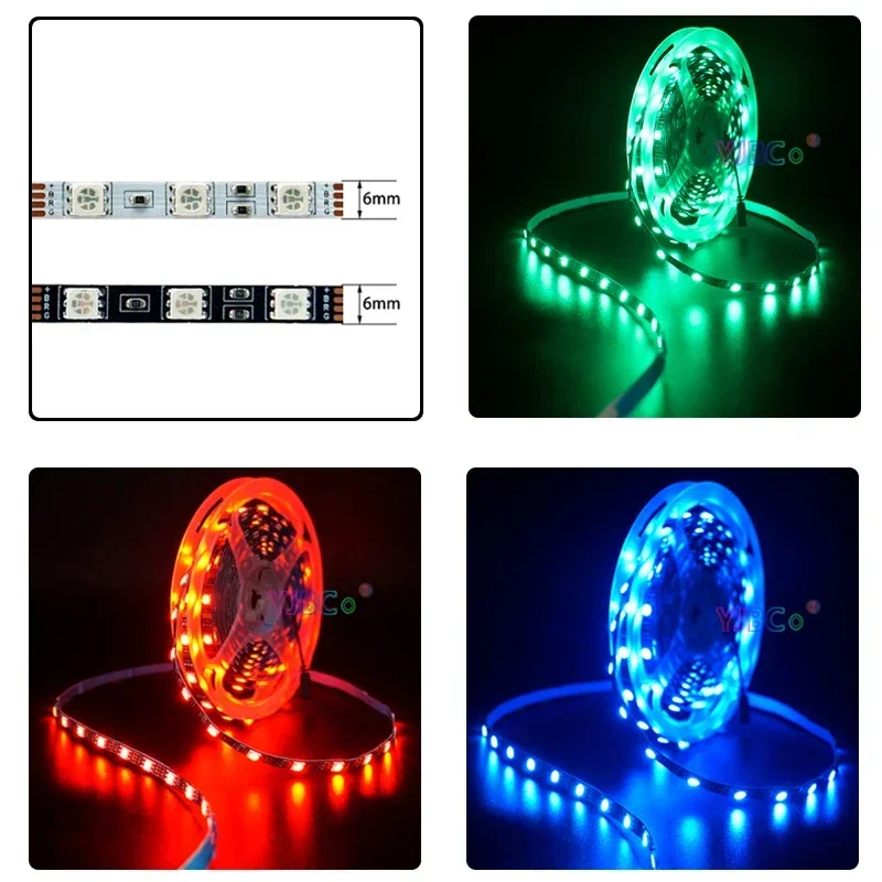 Tira de luces LED SMD 5050 RGB de 12V CC, cinta de luz Flexible blanca PCB de 6mm de ancho, 60LED/M, lado estrecho, barra de lámpara no impermeable