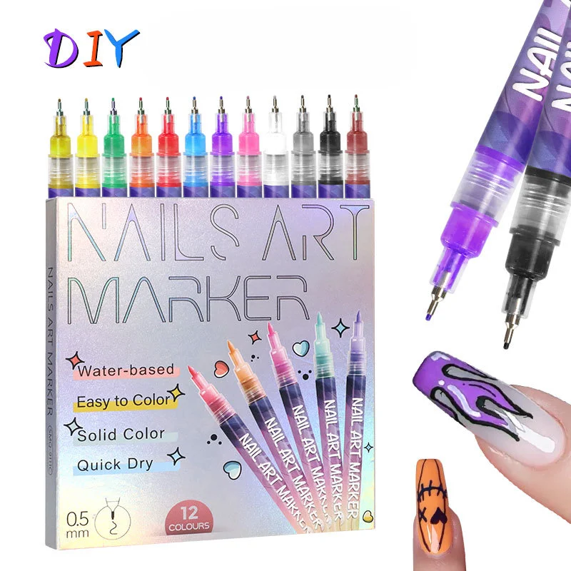 Nail Art Graffiti Pen Set 12Pcs Waterproof Painting Marker Pen Black White Drawing Gel Liners Quick Dry Dotting Pen For Manicure