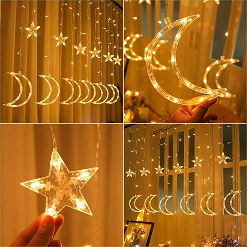 TKOH-LED Rideau Lumière 2.5M Extérieur Étanche Chambre À Coucher Maison ixDécoration De Mariage 12 Étoiles Lune Lumière Chaîne EU Plug