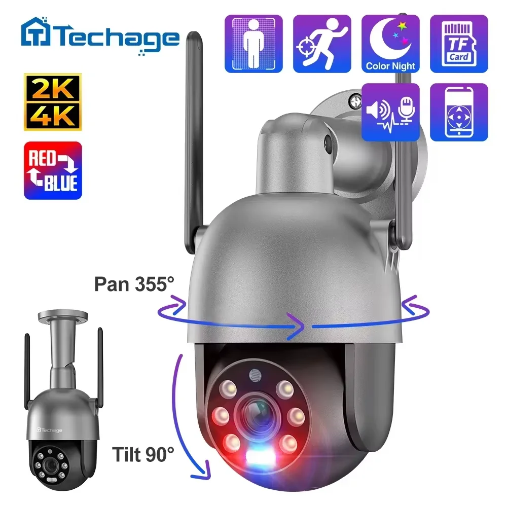 Techage 8MP 4K 2K PTZ Wireless IP Camera Video Security Surveillance WIFI Camera Outdoor AI Red-Blue Light Alarm Human Detected