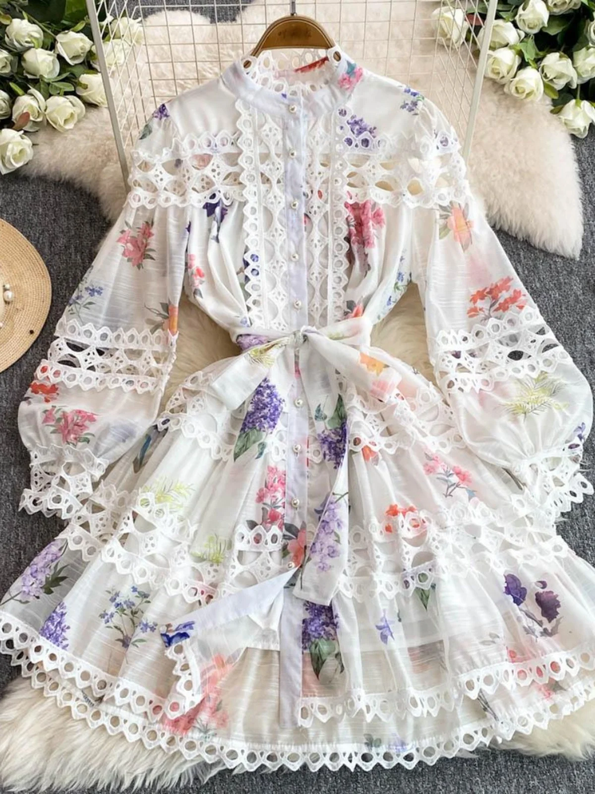 Vestido Midi de Talla ande con Encaje Floral, Estilo Coreano, Cintura Alta con Cinturón, Cuello Alto para Mujer