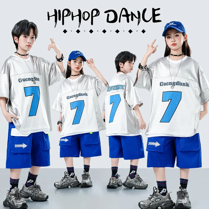 Boys Hip Hop Silver Shiny T Shirts Street Dance Cargo shorts Girls Cool Streetwear Kids Jazz Clothes Sets Children Shiny Costume