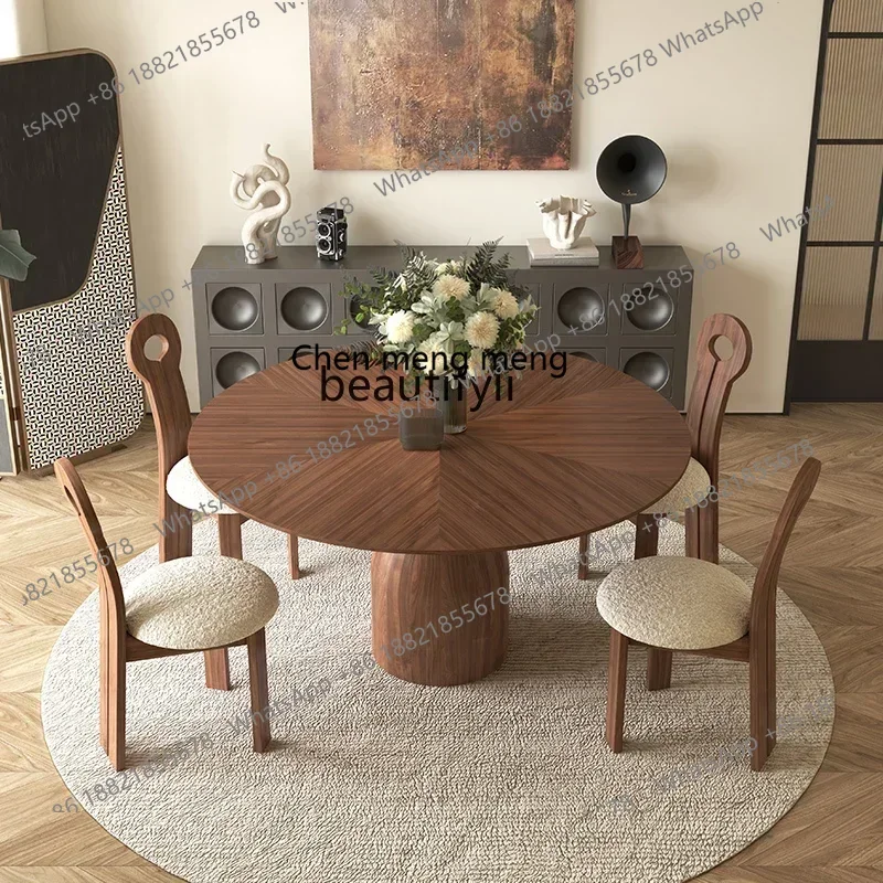 178CC Medieval walnut solid wood round table household designer French round dining table and chair combination