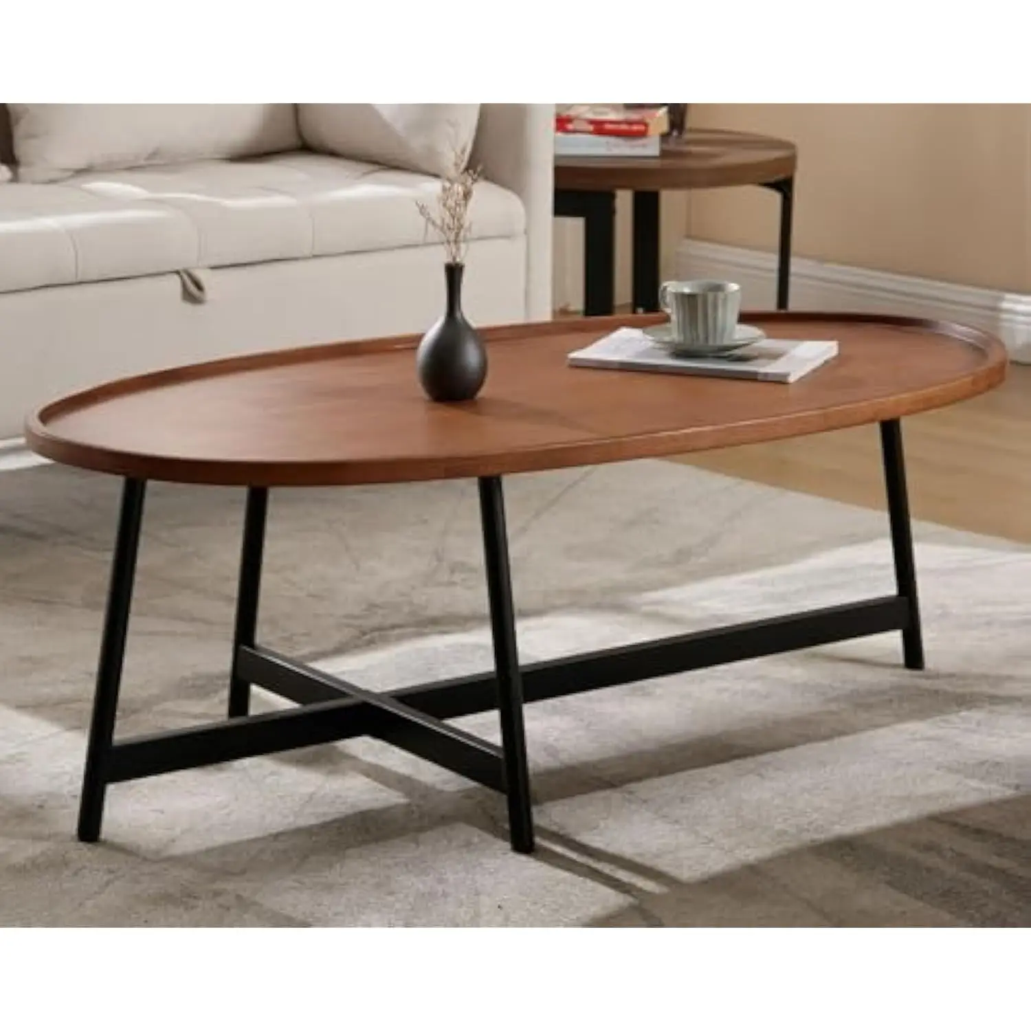 

Modern Oval Coffee Tables for Living Room, Farmhouse Wood Living Room Nesting Table with Cross Metal Legs Industrial Oak Round