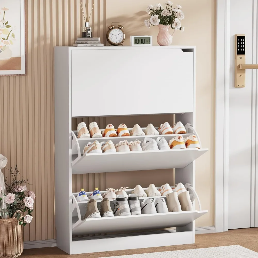 

Shoe Storage Cabinet, Wood Shoe Organizer for Entryway with 3 Flip Drawers, Freestanding Shoe Rack with Adjustable Shelf, Narrow