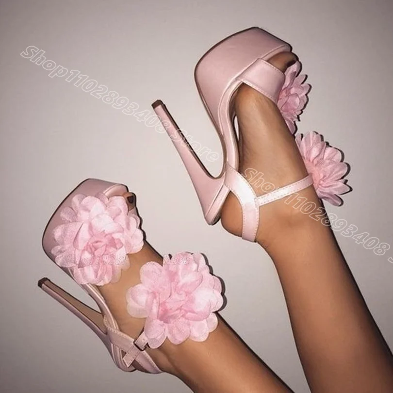 

Pink Flower Decor Platform Sandals Open Toe Ankle Buckle Stiletto Heels Elegant New Fashion Party Shoes 2024 Zapatos Para Mujere