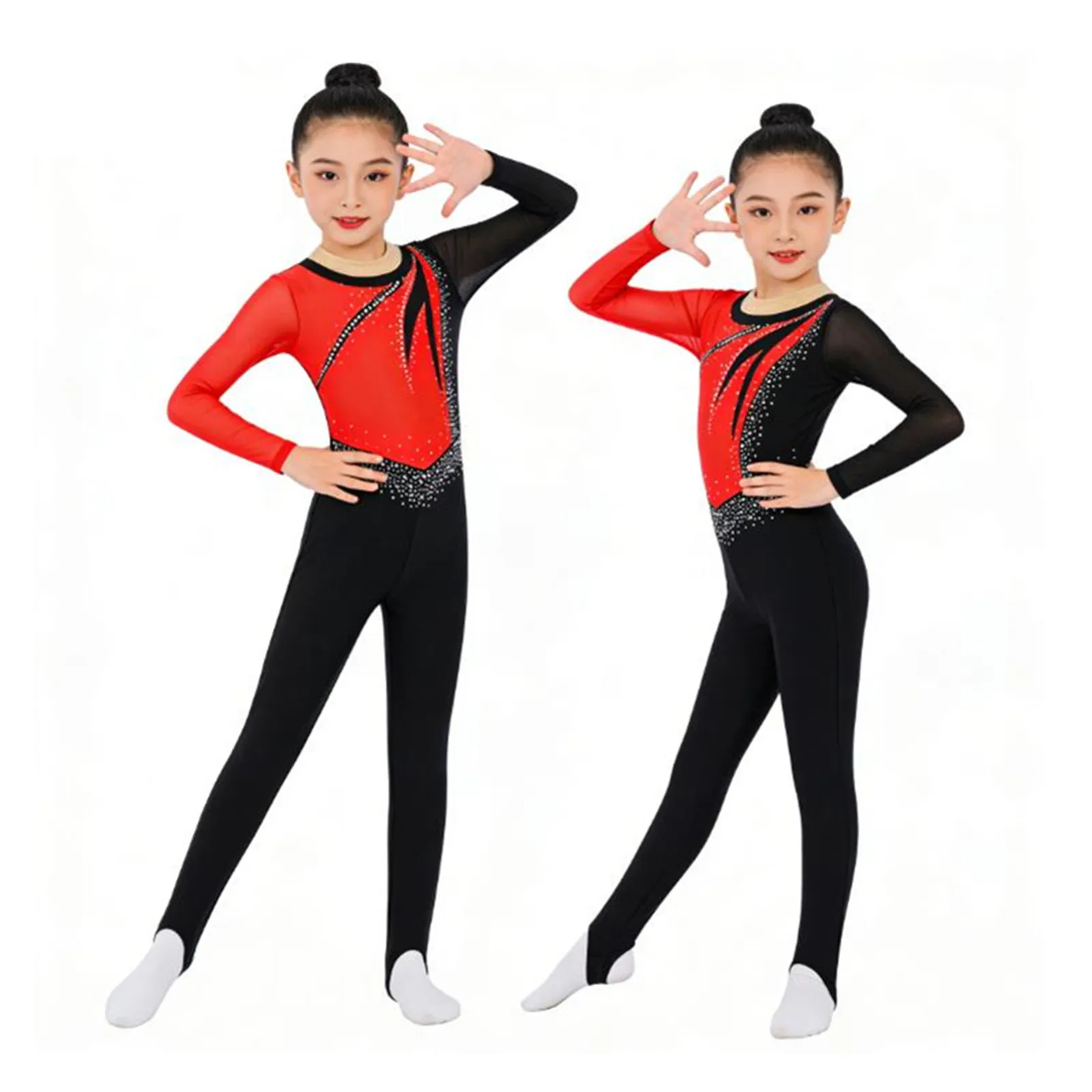 أطفال بنات لامعة الراين الجمباز الفني الشكل التزلج الباليه الرقص أداء زي طويل الأكمام Unitards بذلة #5