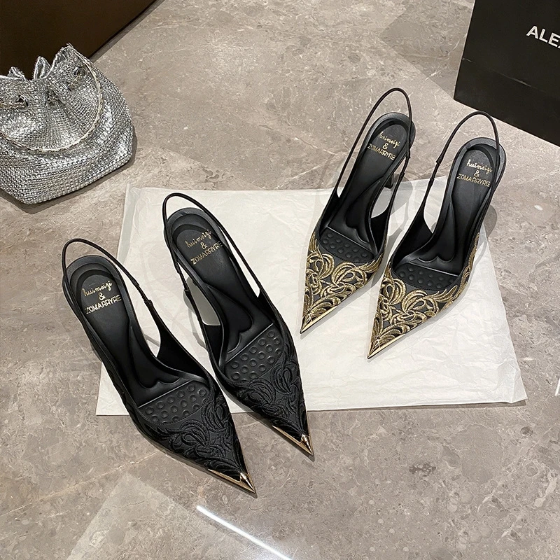Summer New Metal Pointed Black Embroidered Small Size Fine Heel Sandals Banquet Dress Large Size High Heel Women's Shoes